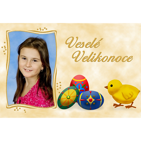 Béžová velikonoční pohlednice - motiv kuře, kraslice