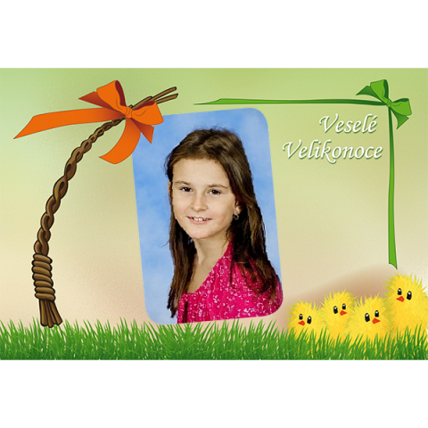 Zelená velikonoční pohlednice - motiv pomlázka, kuře, mašle